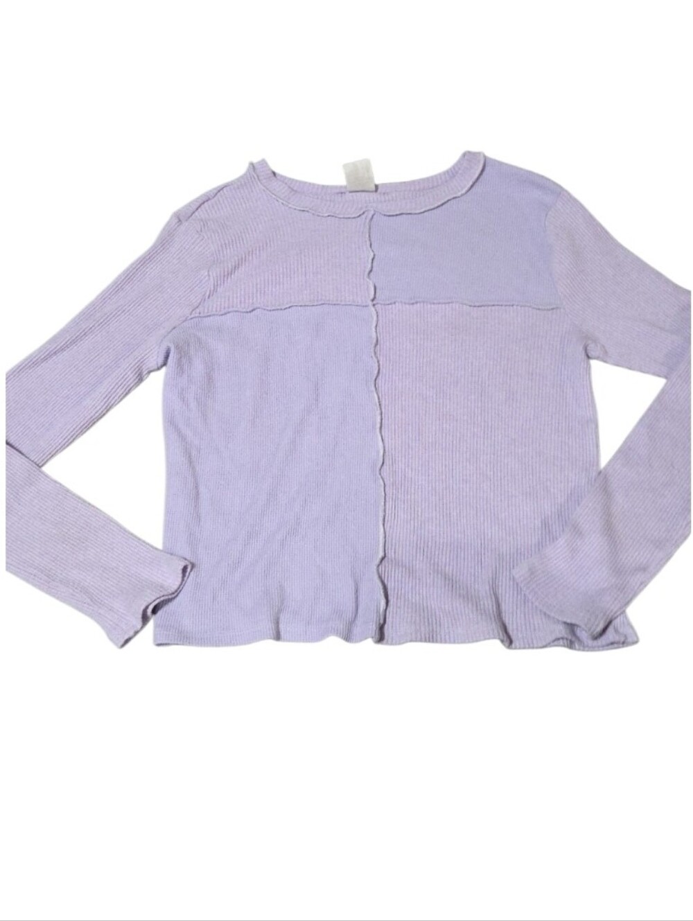 Vtg Jr Xl Soft Waffleknit Stretch Lavender Ribbed Patchwork Long Sleeve Top